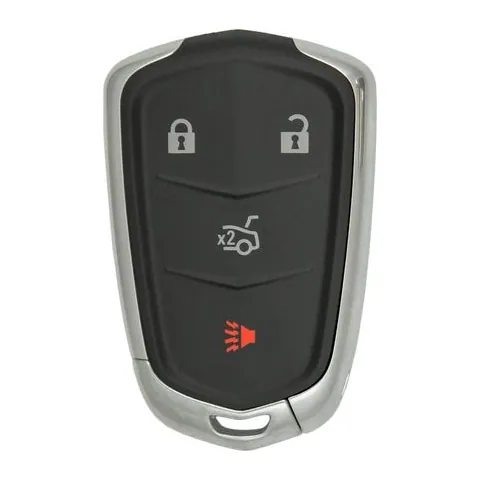 Chrome-edged black proximity smart key with four buttons — lock, unlock, a trunk release and a red panic button — and no visible keyhole