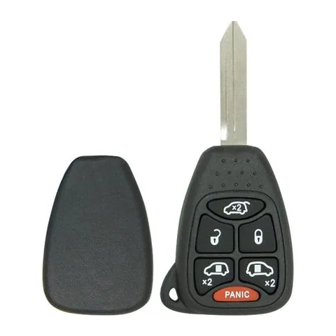 6-button Chrysler and Dodge minivan remote head key showing hatch, unlock, lock, left and right sliding-door buttons marked with x2, and a red panic button