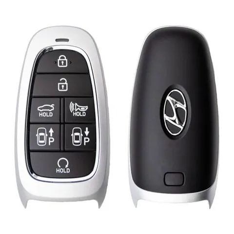 7-button Hyundai Sonata smart key showing lock, unlock, trunk hold, panic hold, remote start hold, and two park-assist buttons marked P with up and down arrows