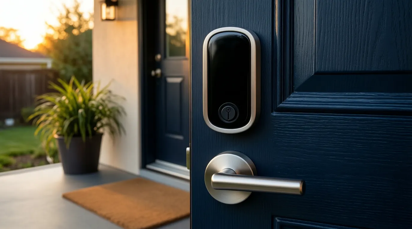 A satin nickel touchscreen smart deadbolt above a lever handle on a navy front door at golden hour