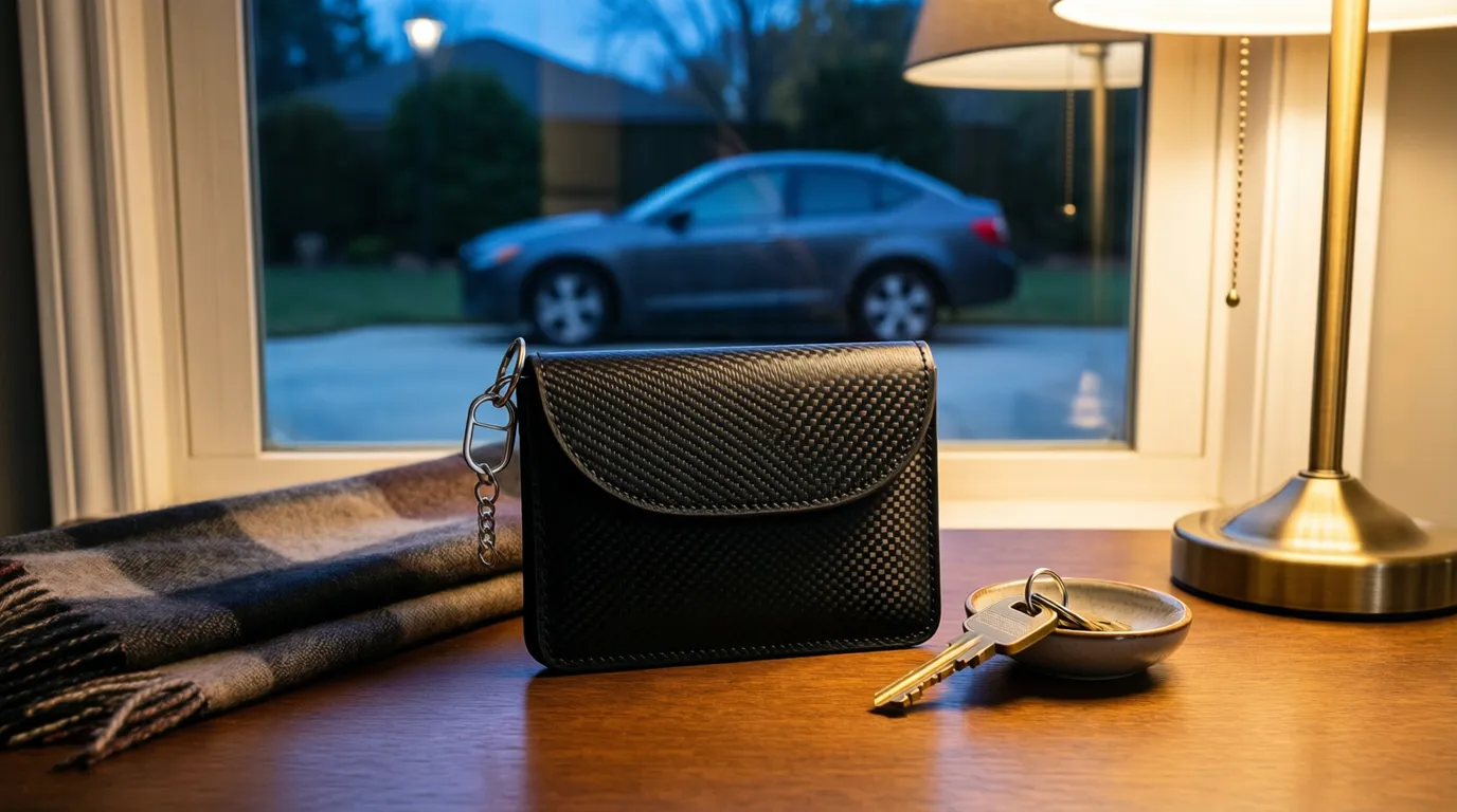 A small black carbon-fiber faraday key fob pouch on an entryway table beside house keys, with a car parked in the driveway outside the window at dusk