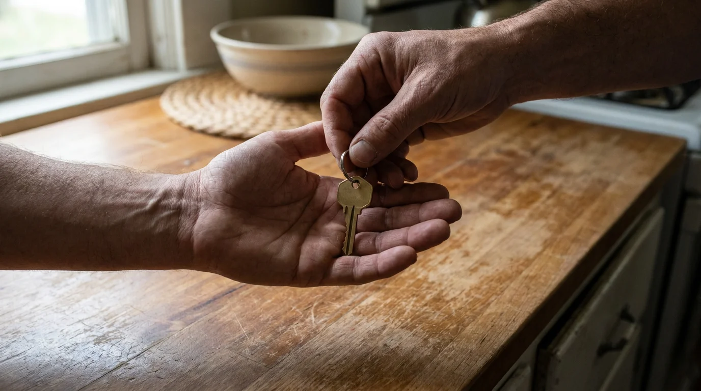 A house key being passed from one hand to another over a kitchen counter