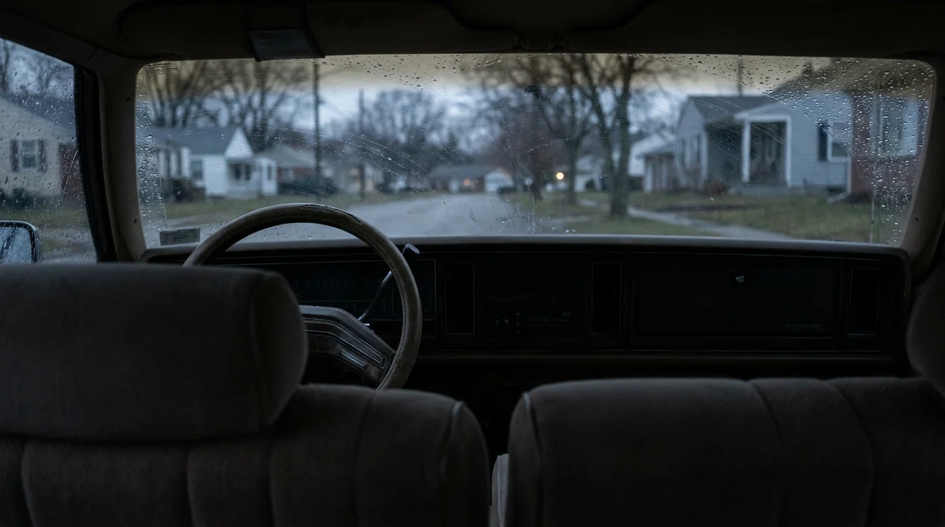 The empty interior of a car parked at the kerb at dusk, rain beaded on the windscreen