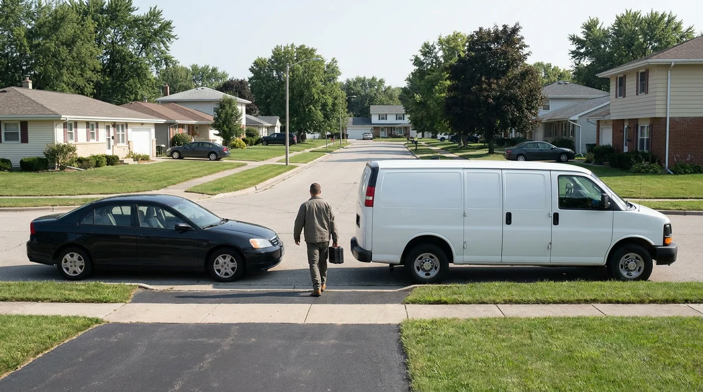 An automotive locksmith walking from his van to a car parked in a suburban driveway, carrying a tool case