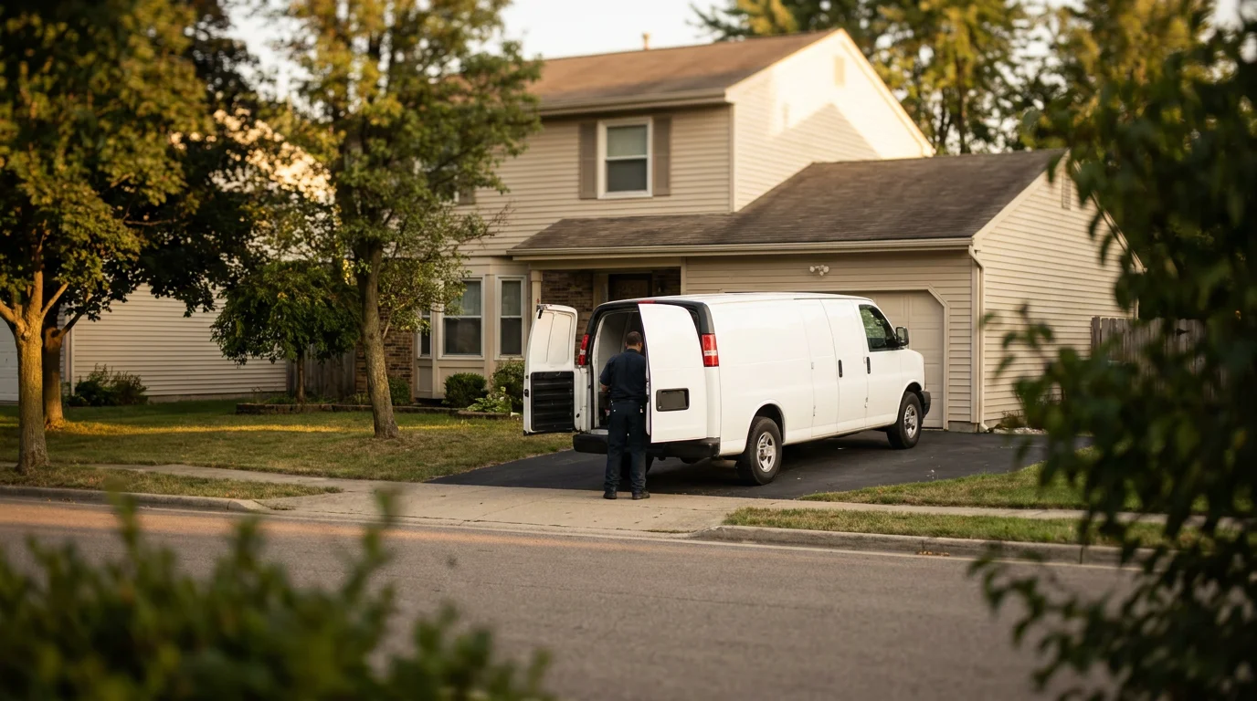 A locksmith service van parked in the driveway of a suburban house, the technician working at its open rear doors