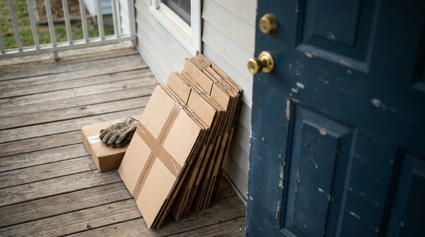 Flattened moving boxes and a pair of work gloves stacked on a house porch beside the front door