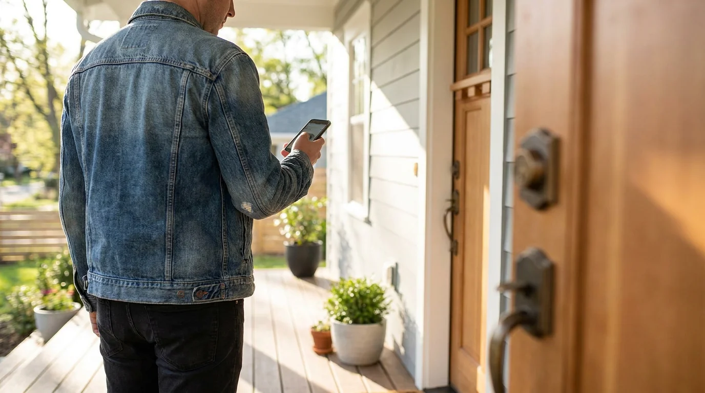 A man standing at the front door of a newly built home with his phone in his hand