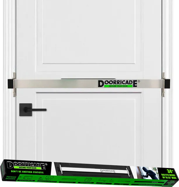 Doorricade aluminium door security bar mounted across an inward-opening door