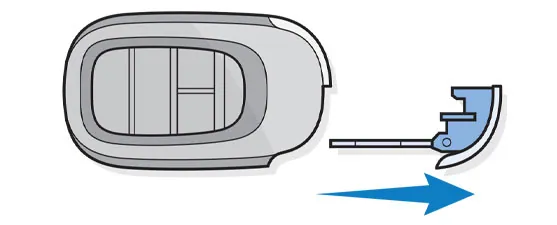 Honda diagram showing an arrow pulling the emergency key blade out of the back of a smart fob