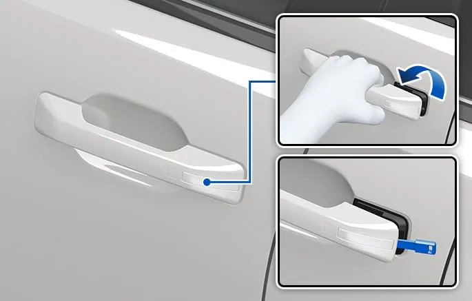 Hyundai manual illustration of a hand pressing the release hook inside a door handle cover with insets showing the mechanical key entering the exposed keyhole