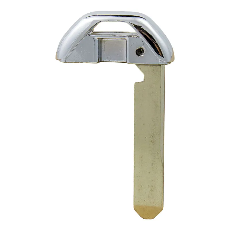 Small emergency key blade with a chrome head and a short brass-colored blade, only a couple of inches long