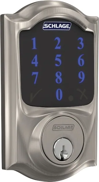 Schlage BE469ZP Connect Z-Wave touchscreen deadbolt in satin nickel, exterior